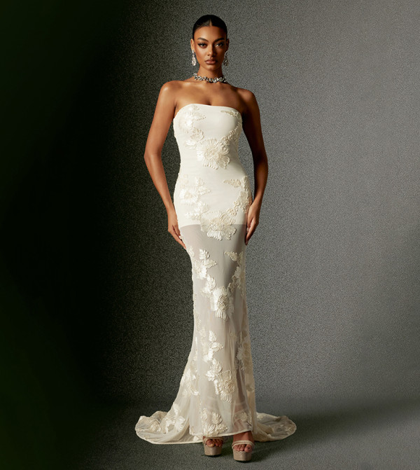 BB DELIYN Embroidered Strapless Flower Mesh Maxi Dress