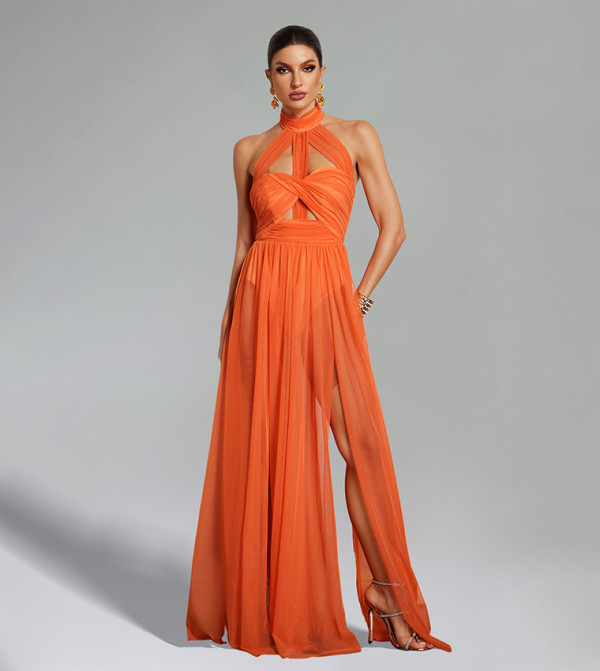 BB RIVKA Halterneck Twist Mesh Maxi Dress