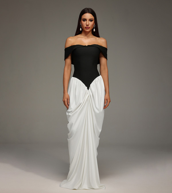 BB LEHA Off Shoulder Wrinkles Bandage Maxi Party Dress