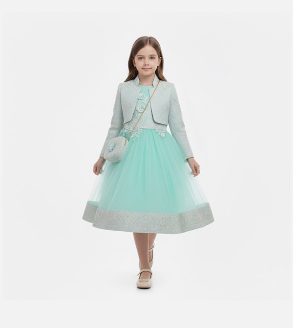 Jacquard Detail Tulle Dress with Jacket and Bag