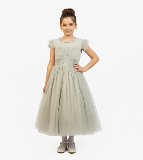 Veolia Pearl Detail Round Neck Party Dress