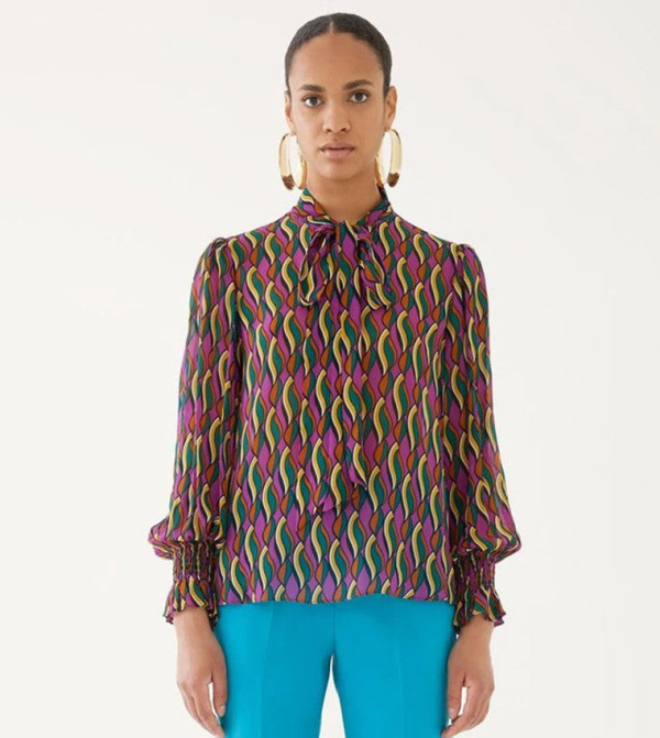 Patterned Tie-Up Neck Top