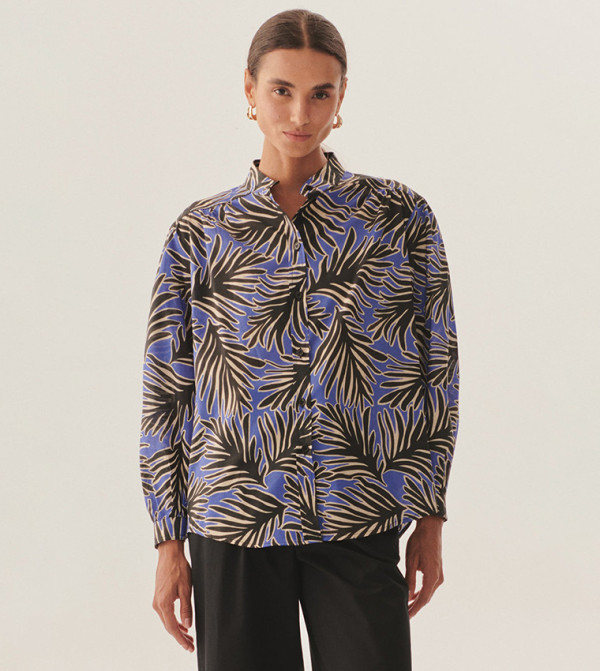 Patterned Mandarin Collar Relaxed Fit Cotton Shirt