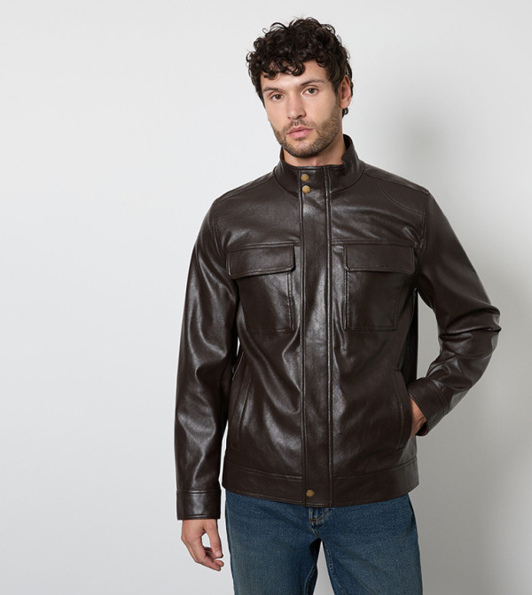 Textured Faux Leather Four Pocket Jacket