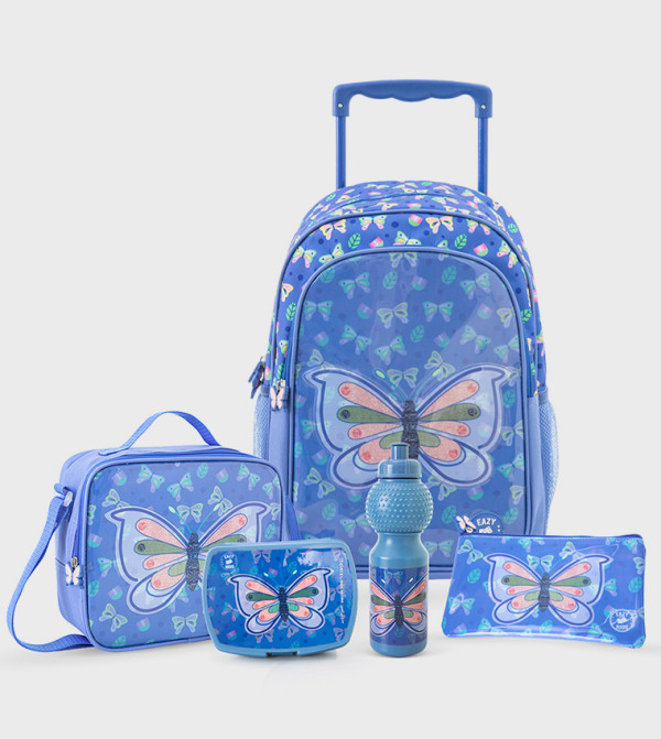 17” Trolley School Bag 5-in-1 with Wheels - Backpack, Lunch Bag, Water Bottle, Lunch Box & Pencil Case, Blue