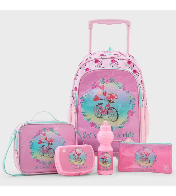 17” Trolley School Bag Value Pack 5-in-1 with Wheels - Backpack, Lunch Bag, Water Bottle, Lunch Box & Pencil Case, Pink