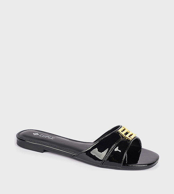 Metal Accent Open Toe Slide Sandals