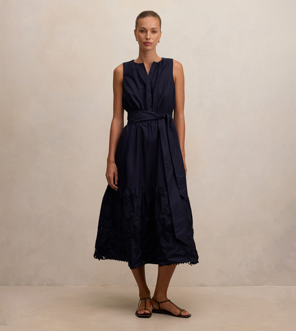 EVIE Embroidered Sleeveless Tie Detail Midi Dress
