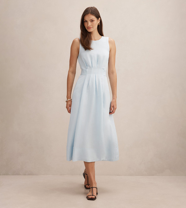 ROSIE Solid Linen Sleeveless Tuck Midi Dress