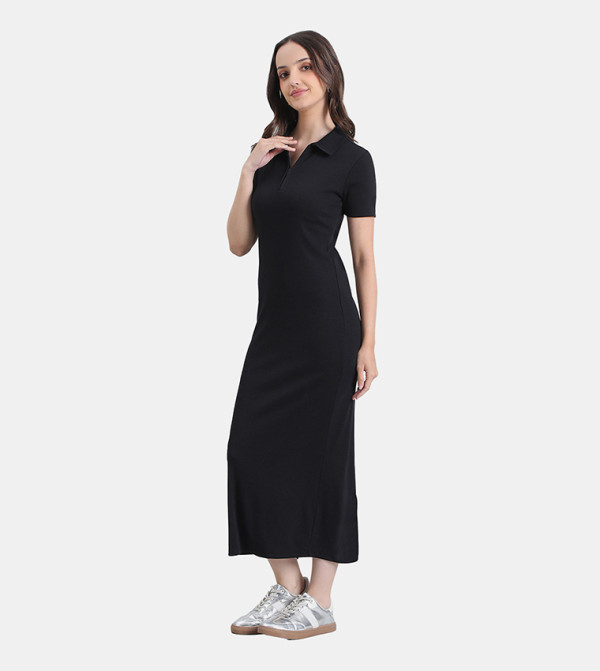 Ribbed Slim Fit Cotton Midi Polo Dress