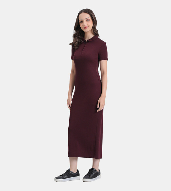 Ribbed Slim Fit Cotton Midi Polo Dress