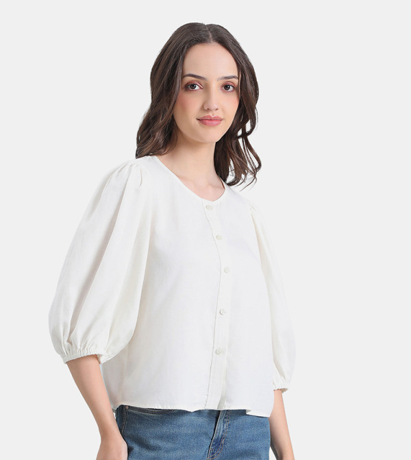 Linen Crew Neck Puff Sleeves Shirt