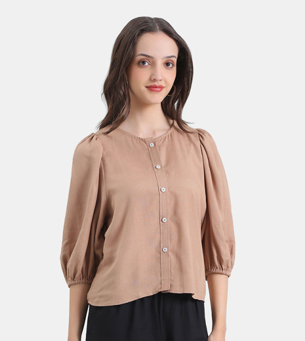 Linen Crew Neck Puff Sleeves Shirt
