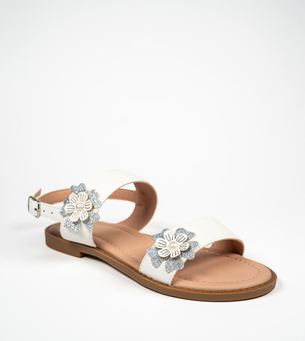 JEAIECEE Floral Appliqued Ankle Strap Flat Sandals
