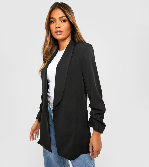 Solid Woven Ruched Sleeves Lapel Collar Blazer