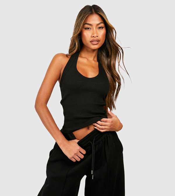 Ribbed Thick Binding Halter Neck Top