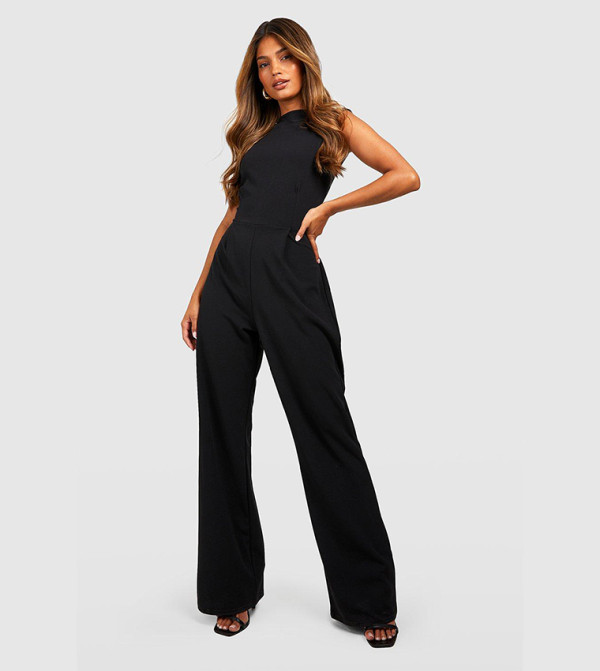 Tailored High Neck Cinched Waist Wide Leg Jumpsuit