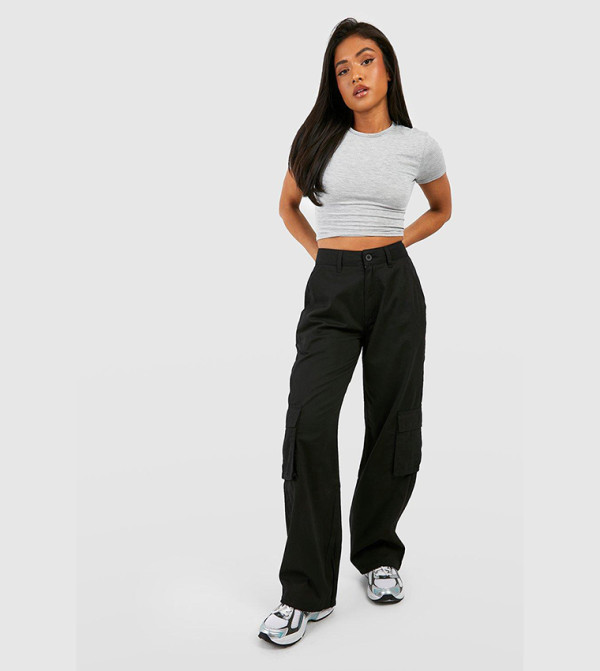 High Waisted Twill Straight Fit Cargo Pants