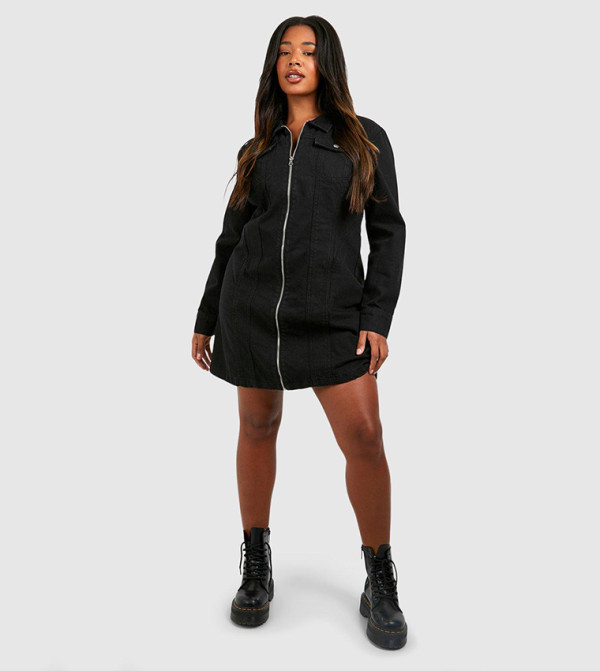 Plus Denim Zip Up Shift Dress