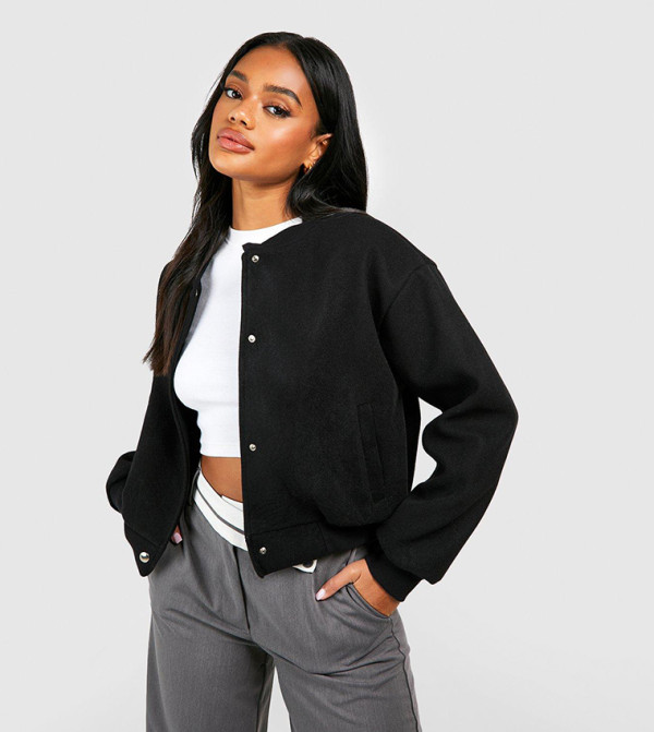 Wool Look Crop Bomber Jacket