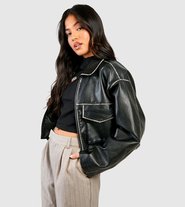 Petite Vintage Look Faux Leather Pocket Detail Jacket