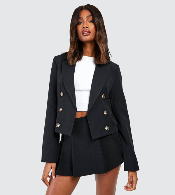 Mock Horn Double Breasted Longline Cropped Blazer