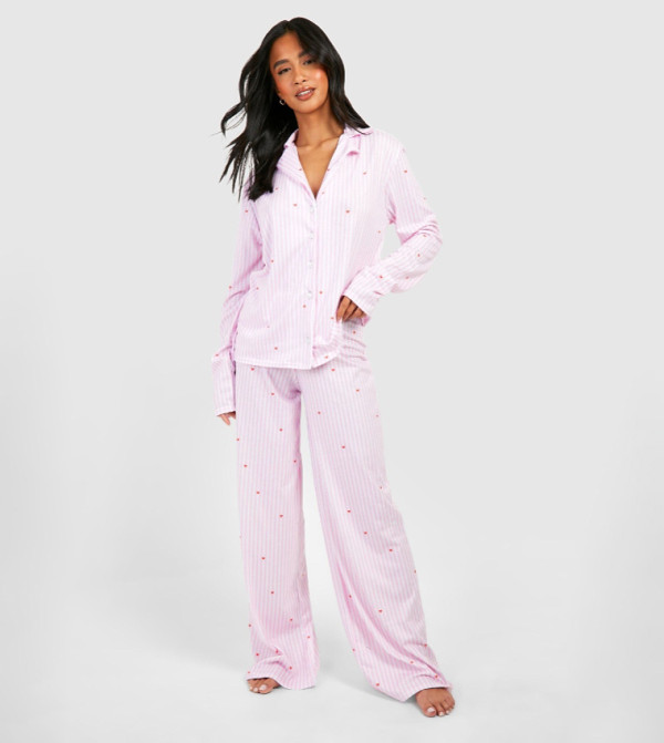 Petite Pinstripe Heart Print Long Sleeves Shirt & Trousers Pyjama Set