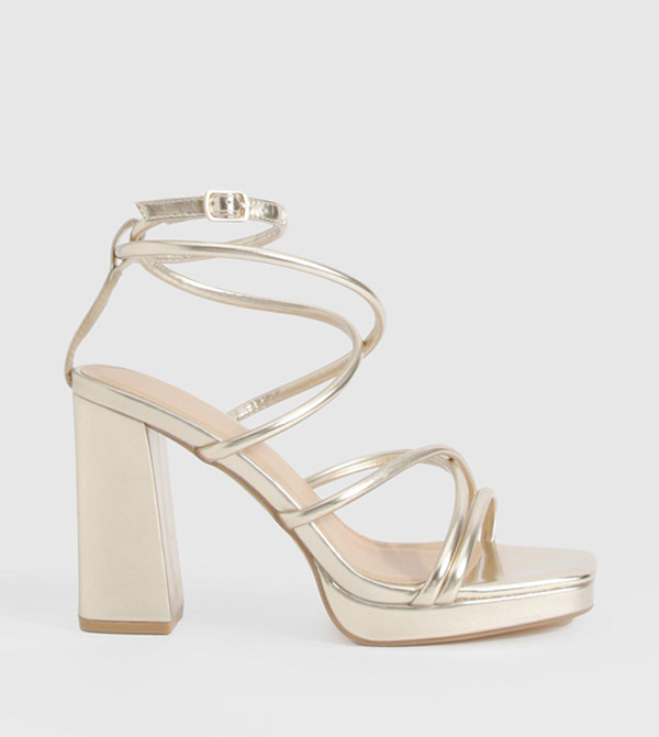 Metallic Cross Strap Platform Heel Sandals