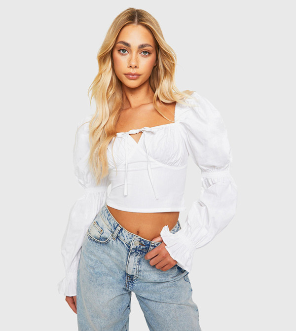 Cotton Poplin Puff Sleeves Crop Top