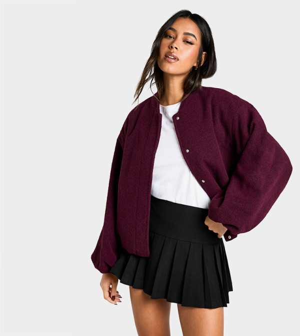 Balloon Sleeves Wool Look Bomber Jacket