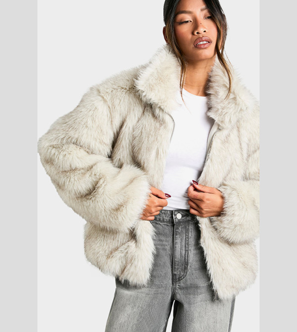 Vintage Look Faux Fur Zippered Jacket