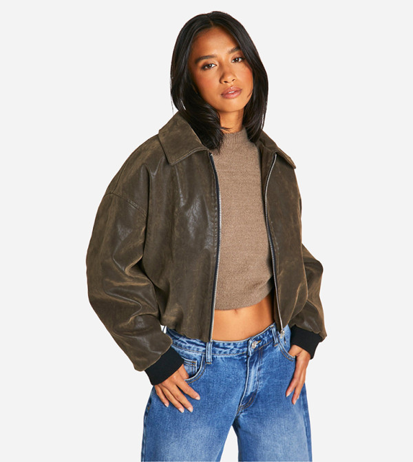 Petite Vintage Look Faux Leather Bomber Jacket