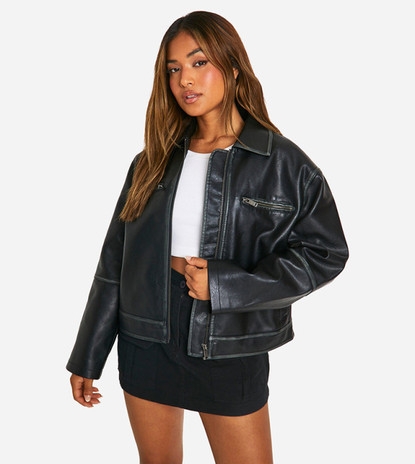 Petite Vintage Look Faux Leather Jacket