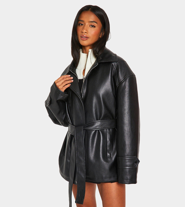Petite Belted Faux Leather Trench Coat