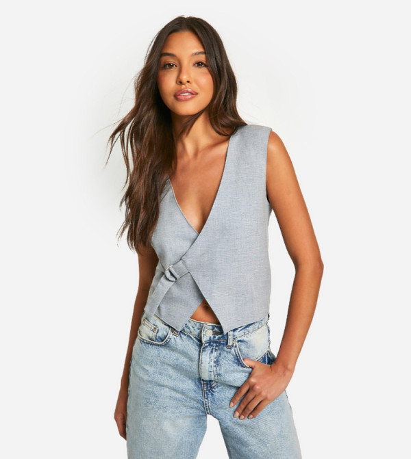Woven Asymmetric Tie Side Waistcoat