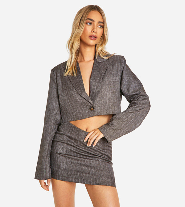 Premium Pinstriped Marl Cropped Boxy Tailored Blazer