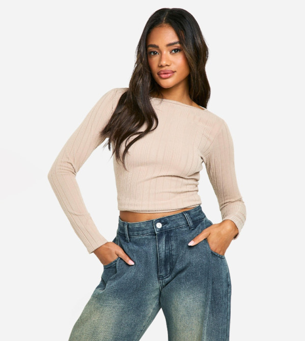 Brushed Rib Crew Neck Long Sleeves Crop Top