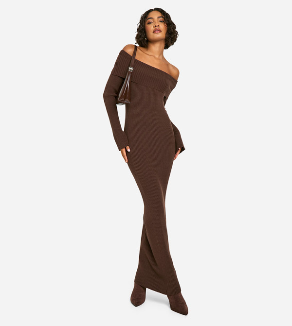 Tall Bardot Ribbed Knit Maxi Dress