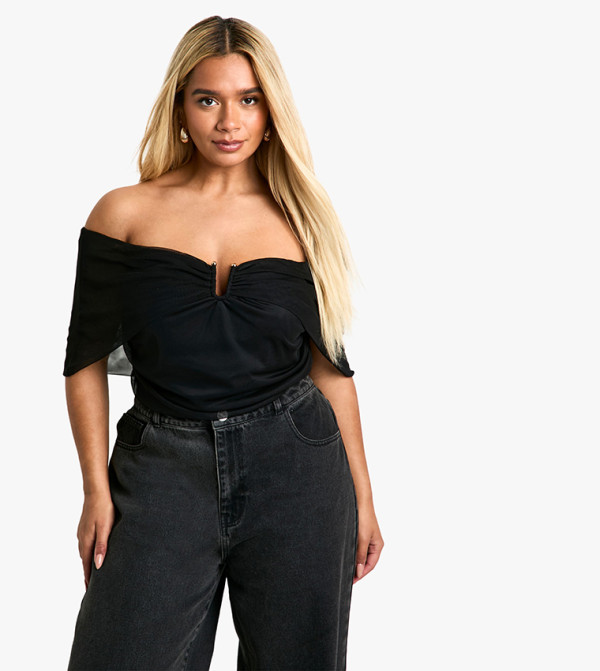Curve Trim Detail Bardot Stretch Bodysuit Top