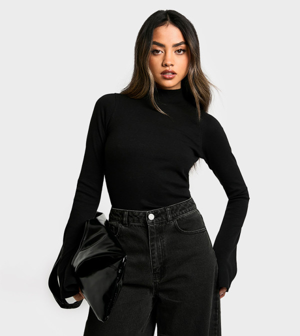 Flared Sleeves Ribbed High Neck Top