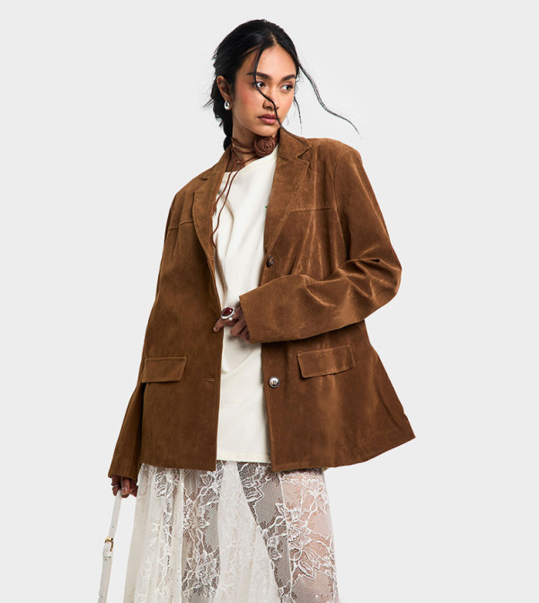 Vintage Look Faux Suede Oversized Blazer