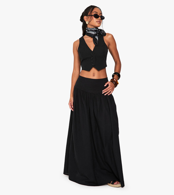 Solid Elastic Waist Maxi Skirt