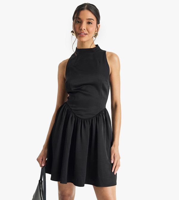 Premium Satin High Neck Volume Mini Dress