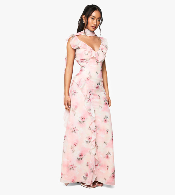 Printed Chiffon Ruffle Scarf Maxi Dress