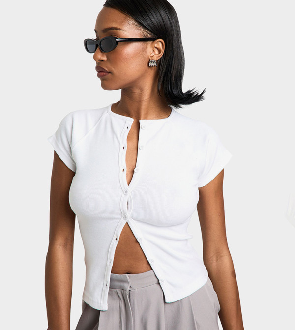 Ribbed Button Through Short Sleeves Top