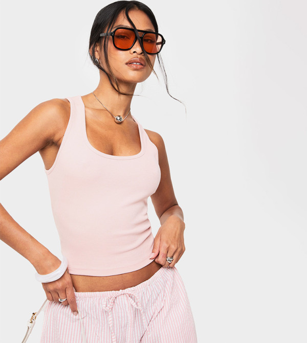 Ribbed Scoop Neck Racer Back Tank Top