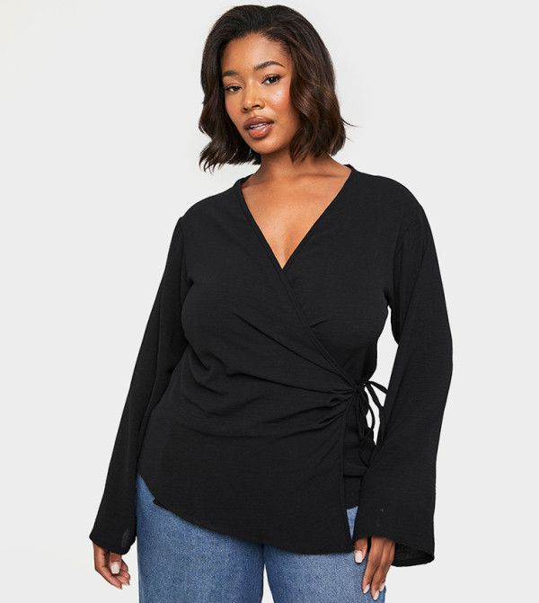 Curve Long Sleeves Asymmetric Tie Front Top