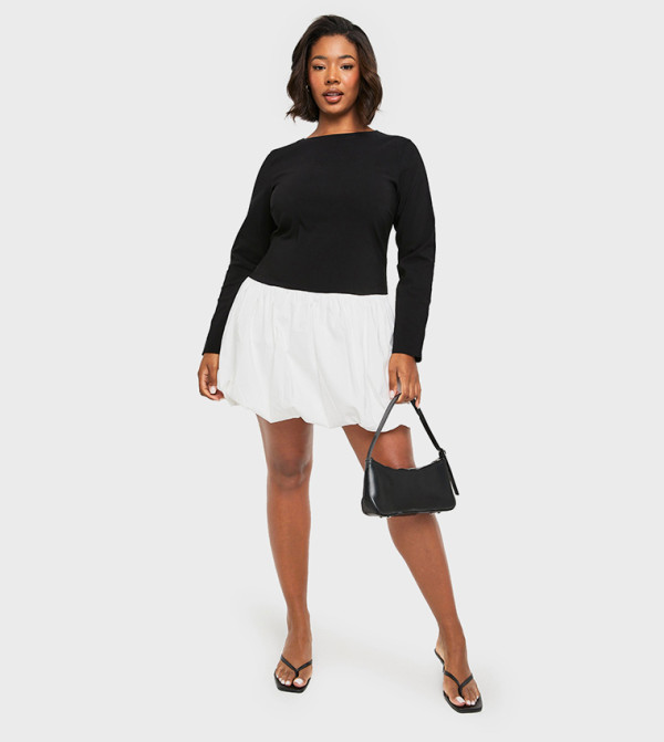 Curve Bengaline Contrast Puffball Mini Dress