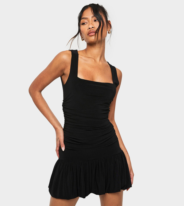 Slinky Square Neck Ruched Detail Pleated Mini Dress