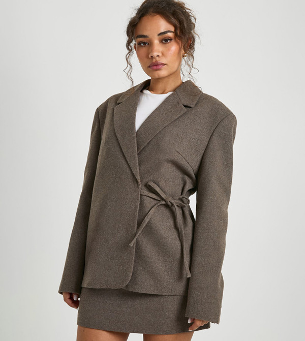 Belted Wool Look Tie Detail Blazer